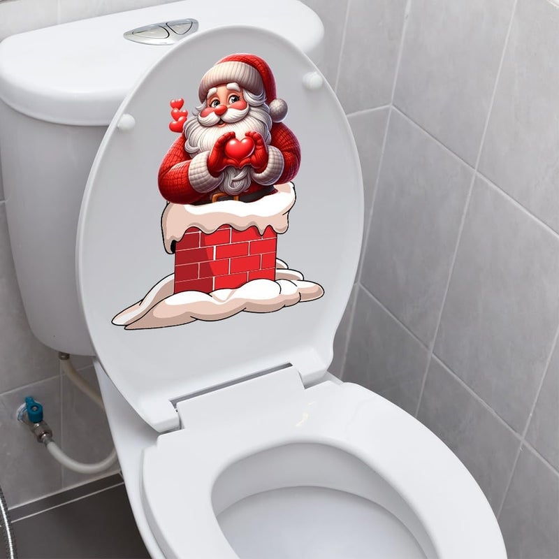 Iprokiu Christmas Toilet Sticker Chimney Santa Claus Reindeer Elf Toilet Seat Cover Decal Home Decor Waterproof Christmas Wall Sticker Elk Toilet Seat Lid Decal (Heart Santa Claus) - Image 2
